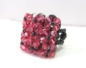 Crystal Cocktail Ring, Square Woven Ring, Pink Crystal Ring, - AnnynsTreasures