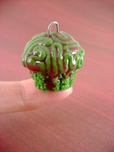 Moldy Gourmet Brain Muffin - Decaying Polymer Clay Zombie Treat - Pendant / Necklace