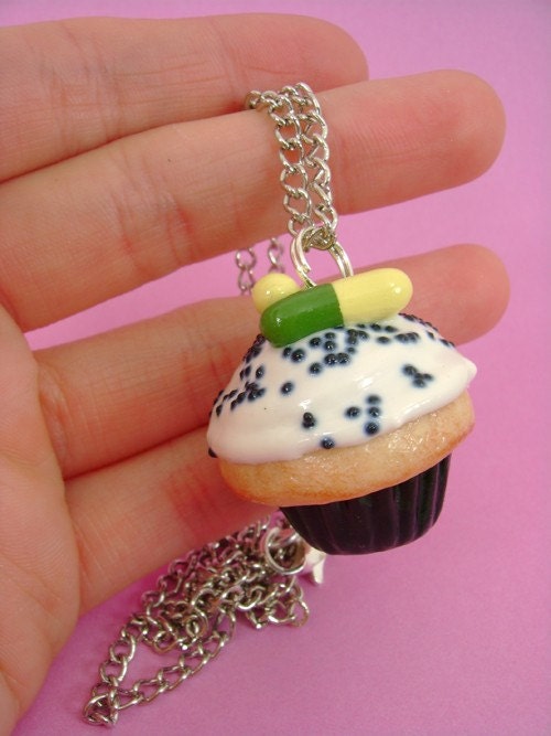 Cupcake of Simulated Happiness - Prozac / Fluoxetine Polymer Clay Mental Illness- Pendant / Necklace