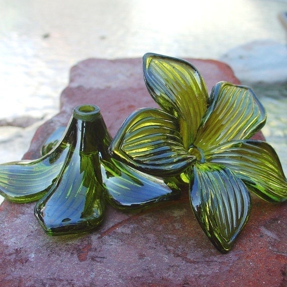 large plastic flower , PLUMERIA - chunky olive green LUCITE flower focal 2 pcs