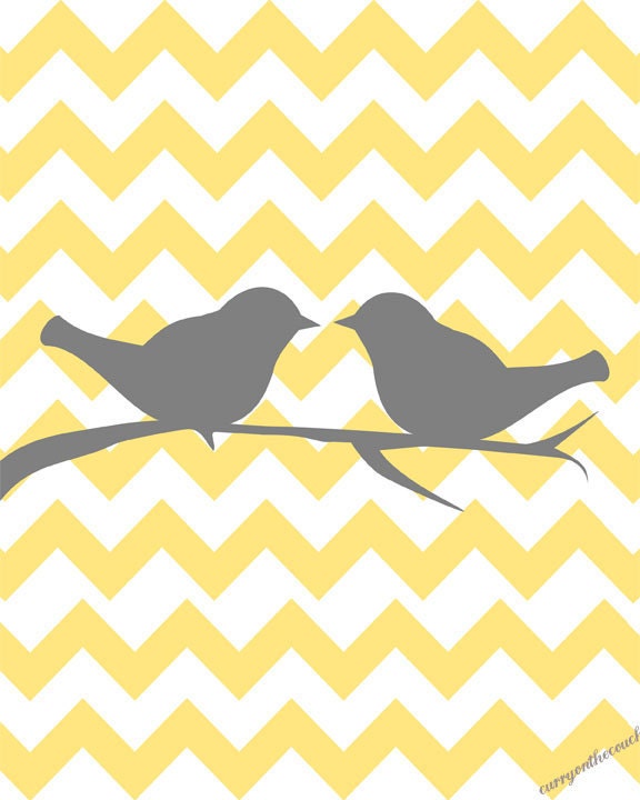Two love birds on chevron - yellow and gray - digital print - 8x10 on A4