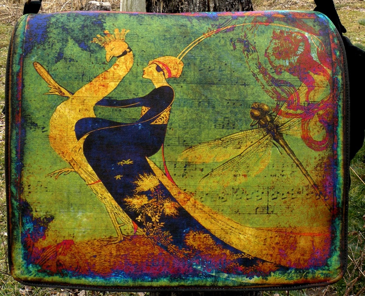 Laptop Bag - PEACOCKS GARDEN Fiber Art - Messenger Bag - Fits 13" To 17" Laptop - Original Design
