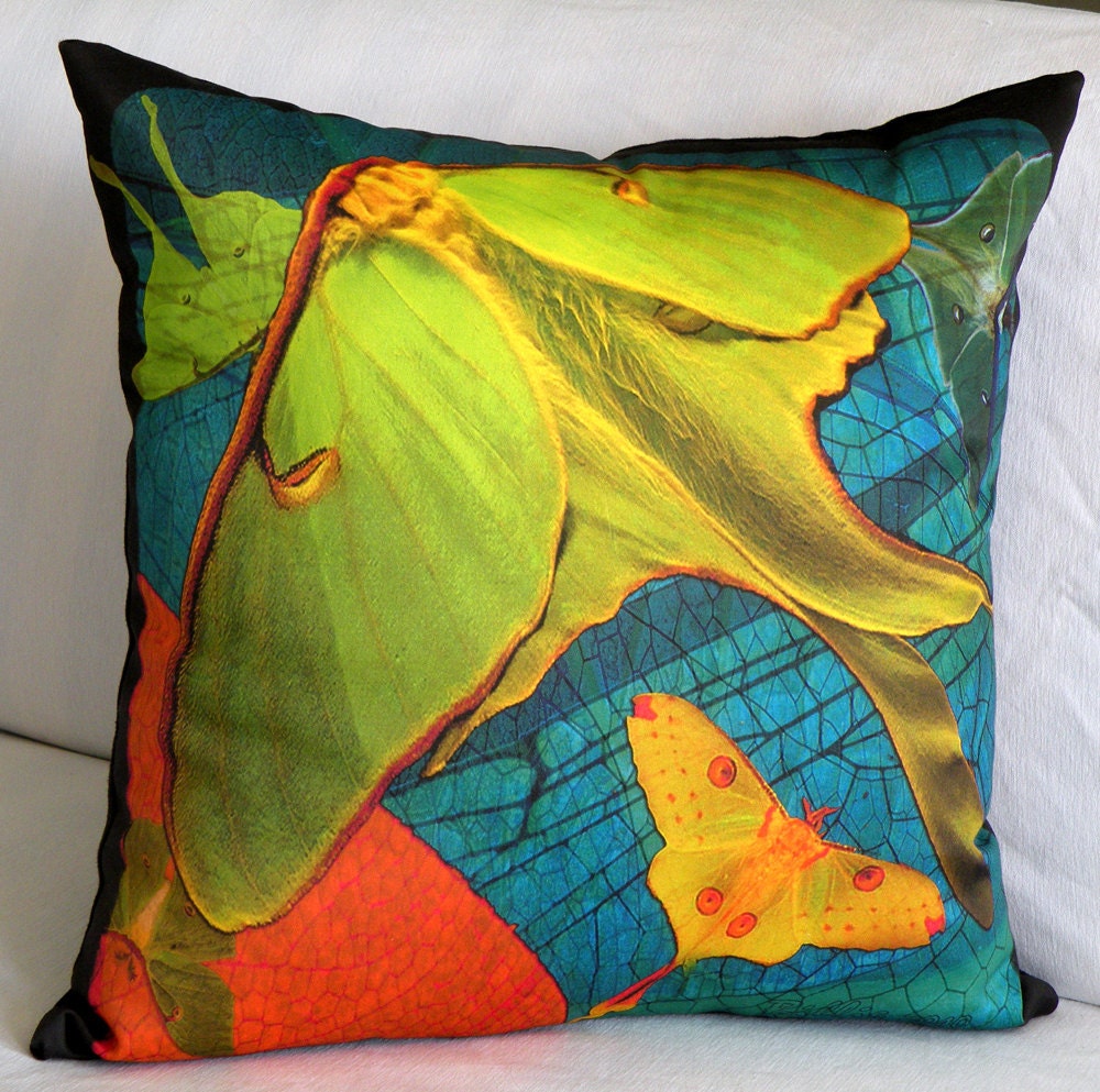Designer  Pillow Cover - "Luna Moths Flying" Fiber Art - Hand Made - Fits 18x18 Insert  - original design