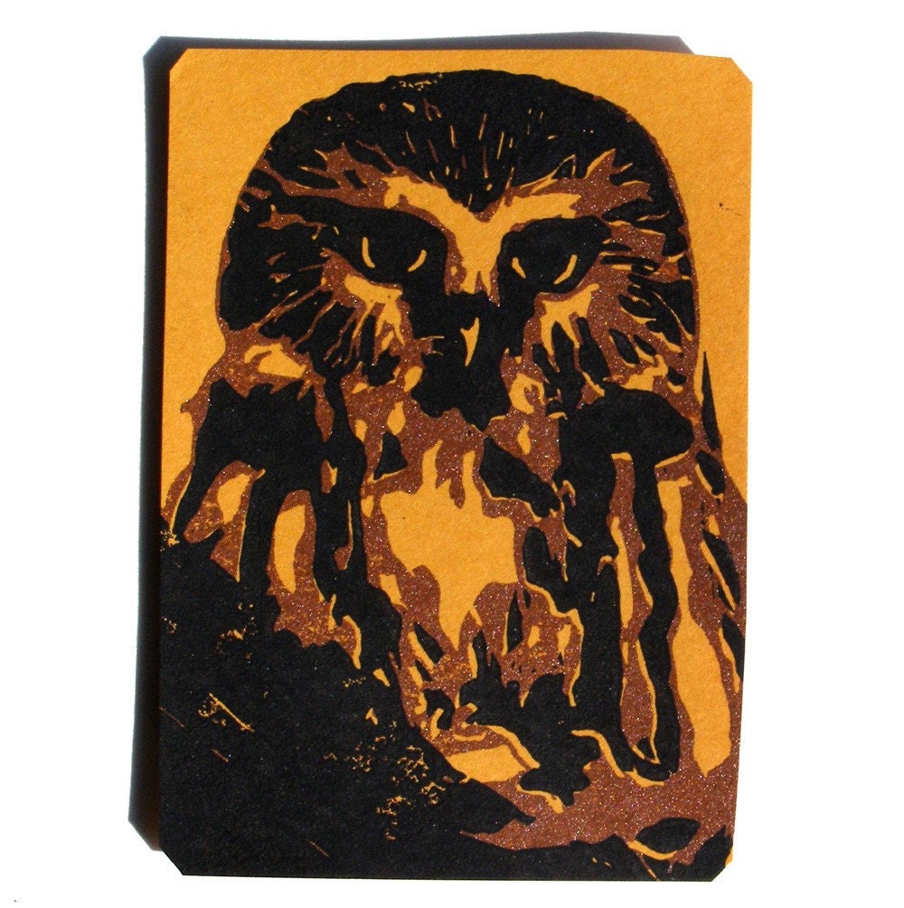 Saw Whet Owl ACEO ATC from Hand Carved Rubber Stamp