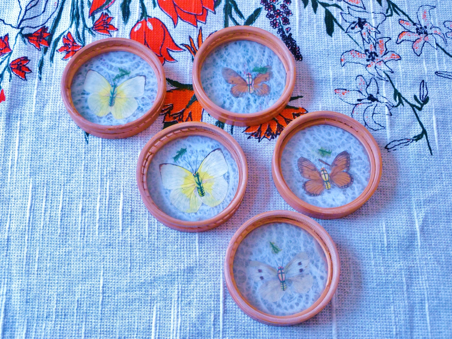 Vintage set bamboo butterfly coasters