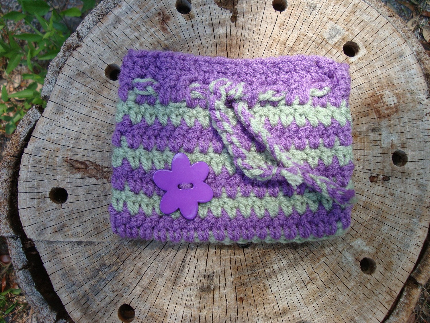 CLEARANCE Crocheted Purple and Pastel Green Pouch