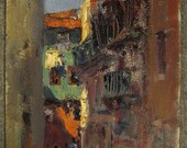 PAINTING Impressionistic STREET SCENE signed Gallery  Lisboa Framed 20 x 17