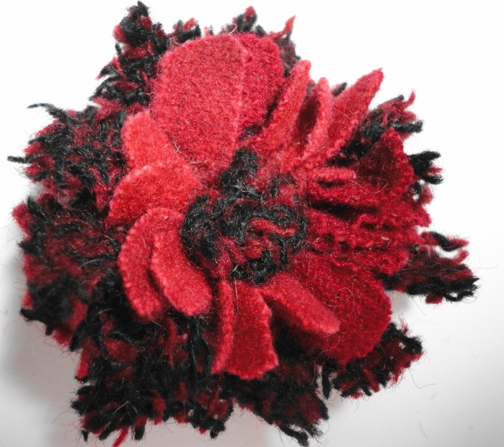 Fabric Flower Hair Clip. Upcycled Wool Hair Clip. Hand dyed Recycled Wool. Red Flower Hair Clip. Womens Upcycled Accessories.