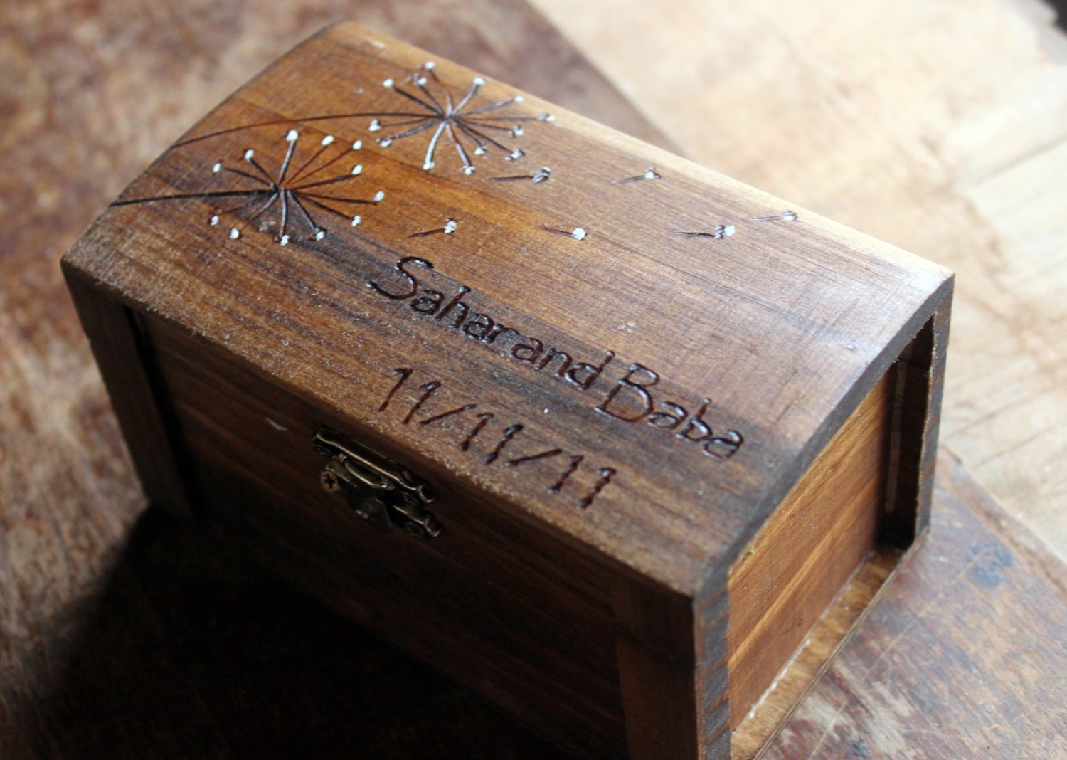 Rustic Woodburned Ring Bearer Box - Dandelion