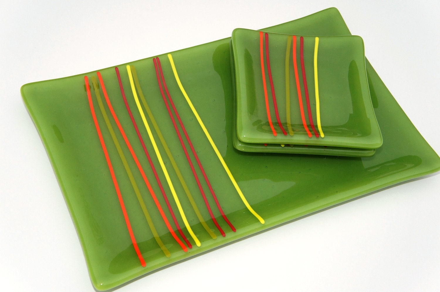Plate Set - Fused Glass Green with Red, Orange and Yellow Accents