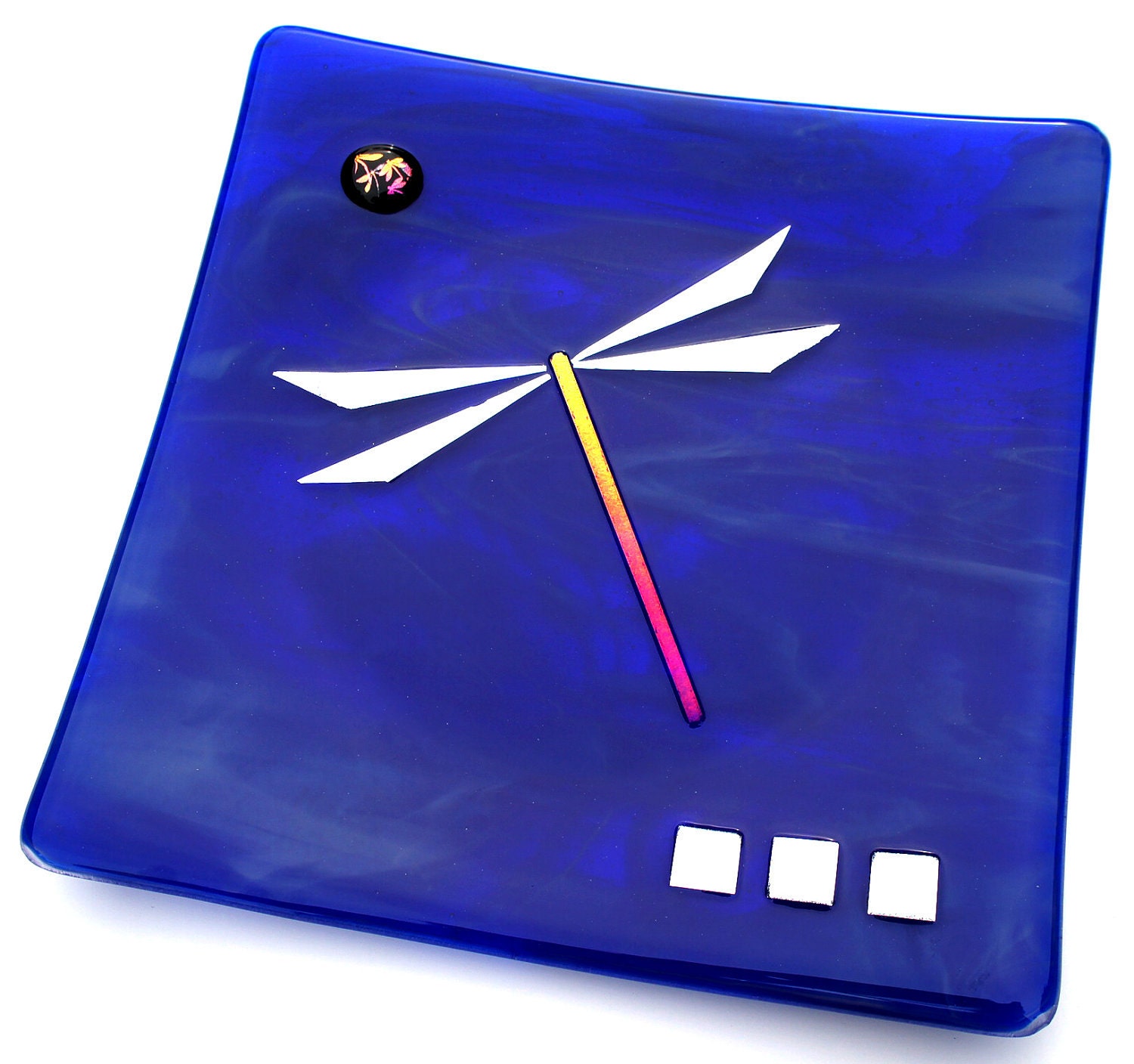 Silver Dragonfly on Deep Blue Fused Glass Plate, Home Decor, Wall Decor