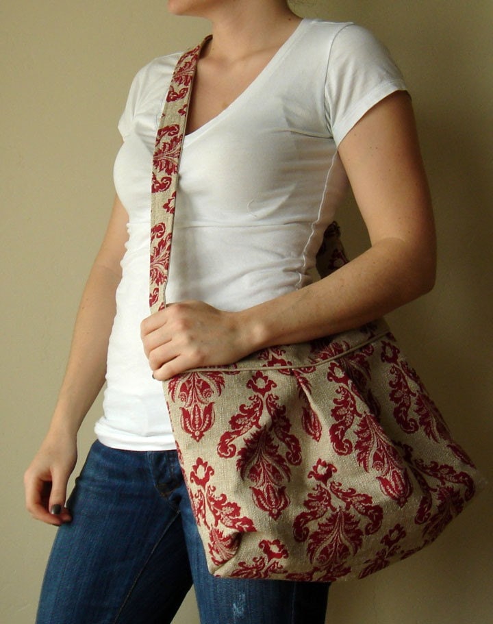 Pleated Shoulder Bag with Adjustable Strap - Red Damask