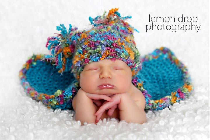 Photography Fringe Blanket Prop - Baby Hat with Pom Poms  - Photo Set - Turquoise Blue - Lime Green - Orange - Pink - Purple Multicolor Yarn