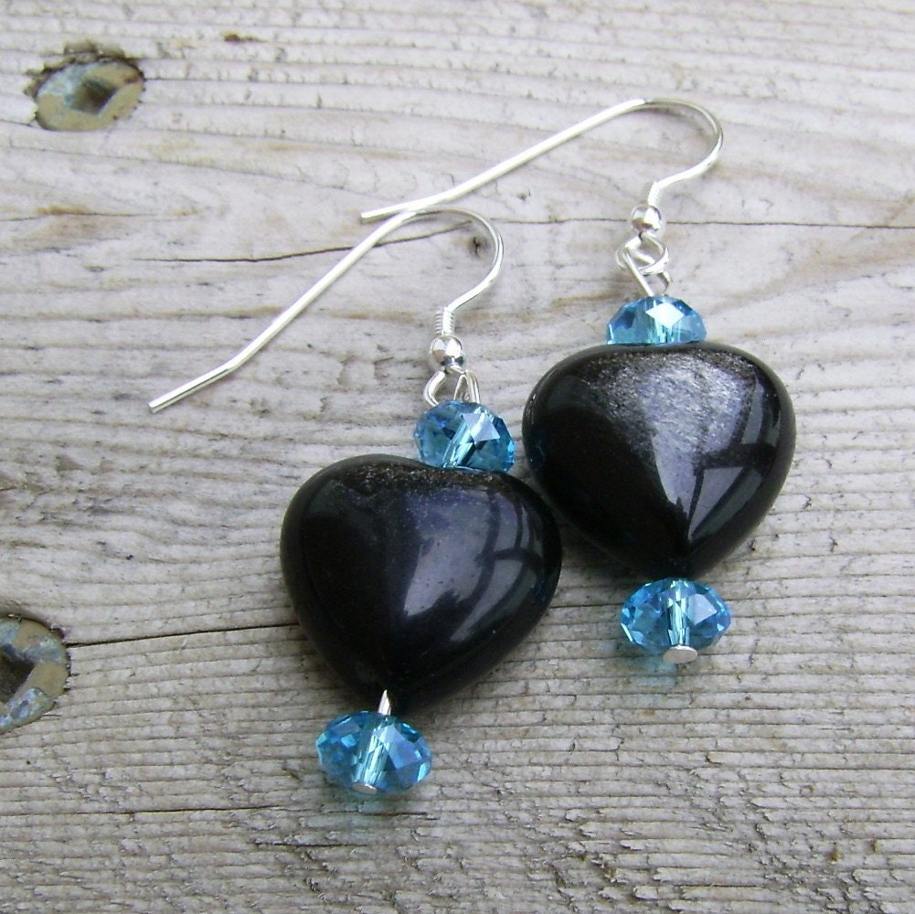 Obsidian Heart Earrings with Apatite Crystal Sterling Silver