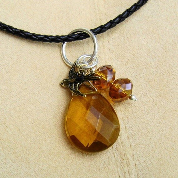 Golden Quartz Brio Pendant Necklace with Brass Songbird Charm on Braided Leather