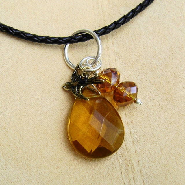 Golden Quartz Brio Pendant Necklace with Brass Songbird Charm on Braided Leather