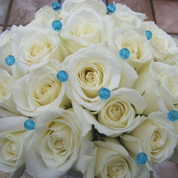 Turquoise Blue Bouquet Jewelry Flower Pins Something Blue Round or Bicone set of 25 stems olyteam