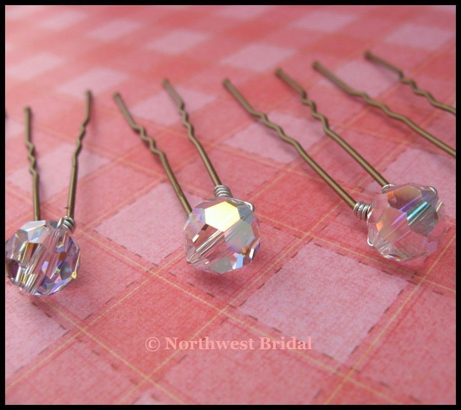 Swarovski Bridal Hair Pins Crystal 8mm Round set of 6 by NorthwestBridal