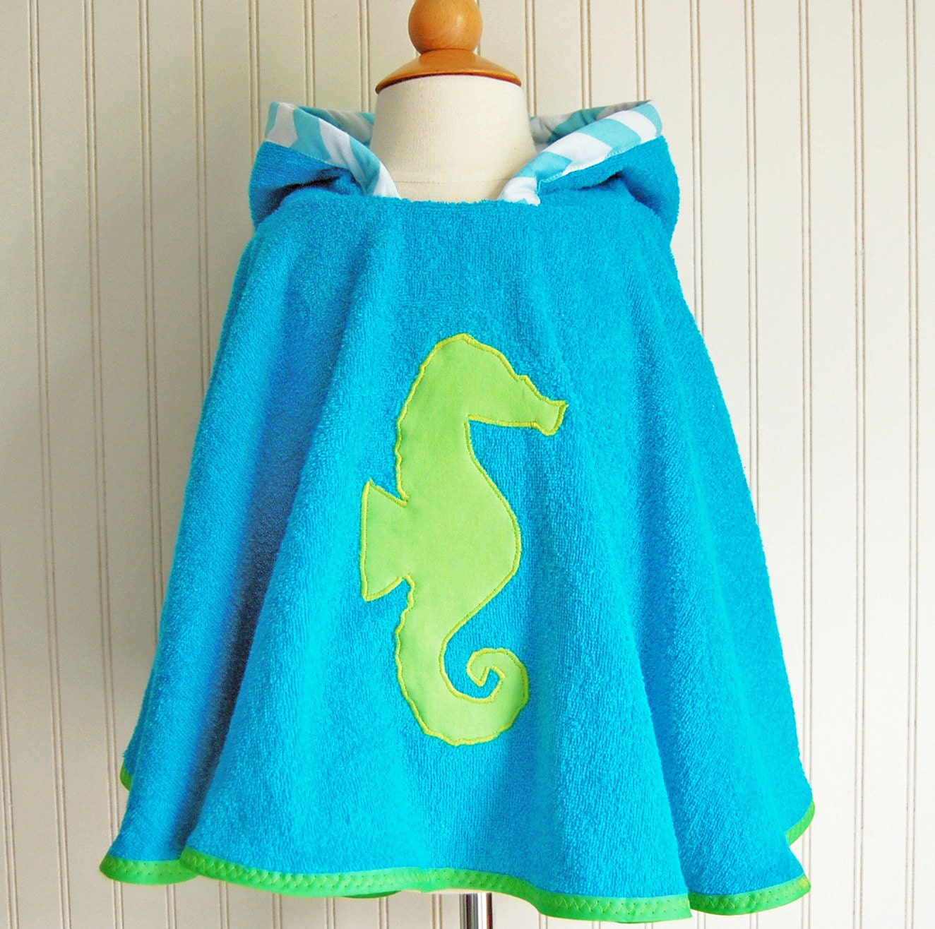 Hooded Towel Seahorse Swimsuit Cover Up in Lime and Aqua Terry 12mos-2T, 3/4T, 5/6 - by The Trendy Tot