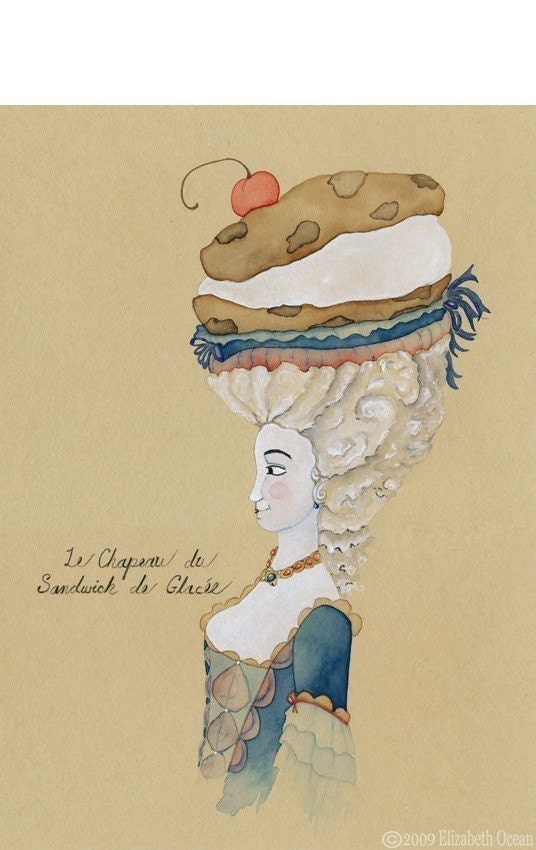 Ice Cream Sandwich Chocolate Chip Cookie Marie Antoinette Watercolor Painting 5x7