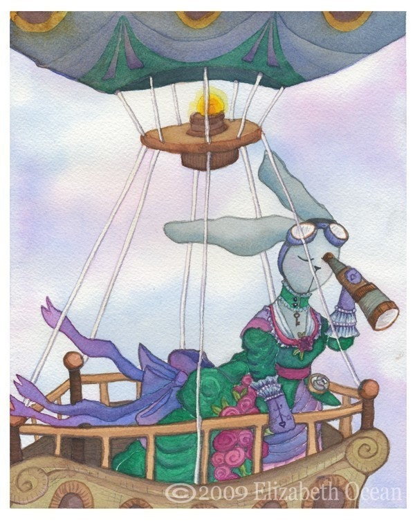Bunny Rabbit Steampunk Hot Air Balloon Romantic Watercolor Illustration 8x10