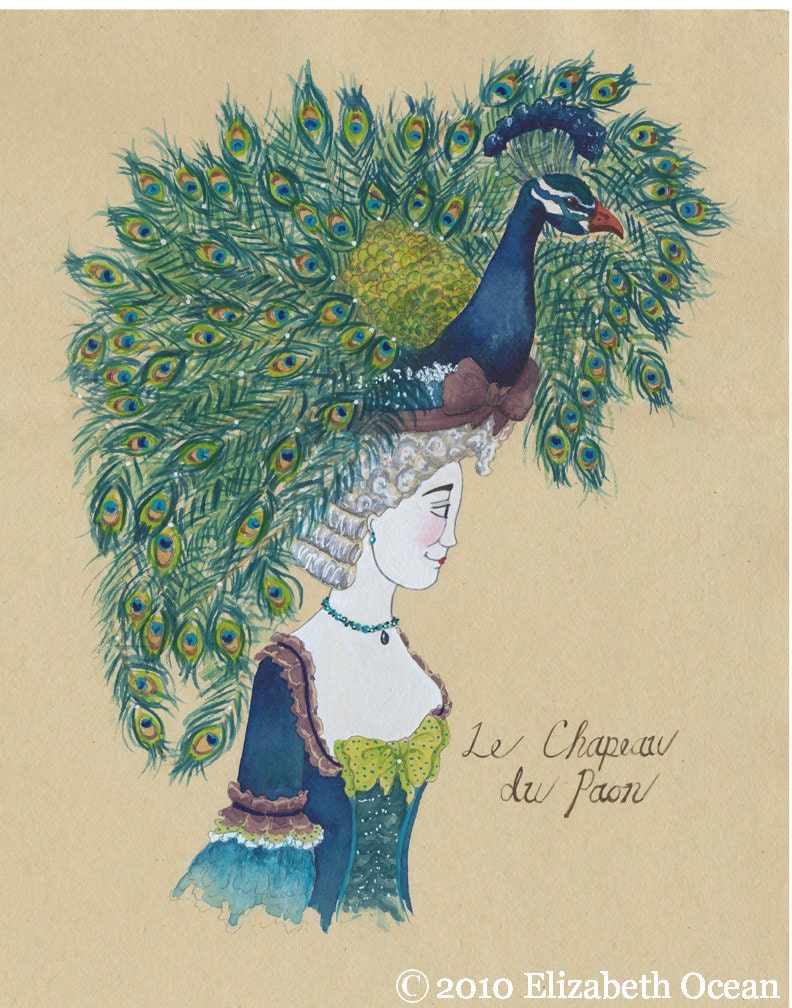 Peacock Feather Marie Antoinette Bird Hat 5x7 watercolor print