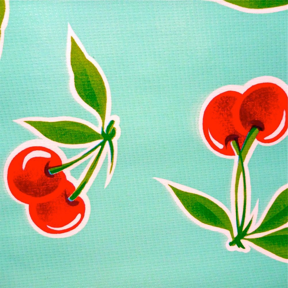 Cherries on Aqua Oilcloth Yardage from Oilcloth Addict