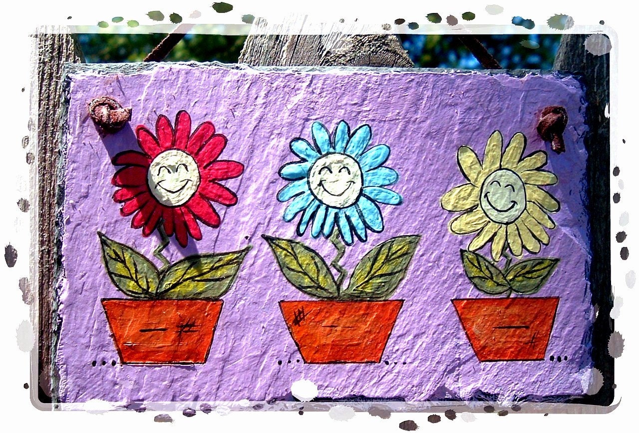 Hand Painted Decorative Slate - Happy Flowers