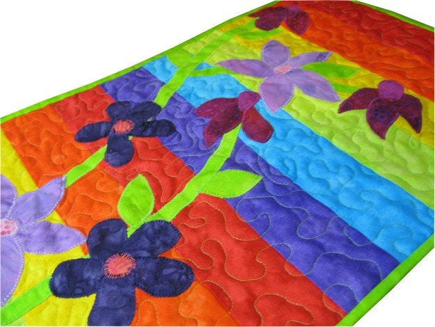 Rainbow Quilted Wall Hanging with Floral Applique