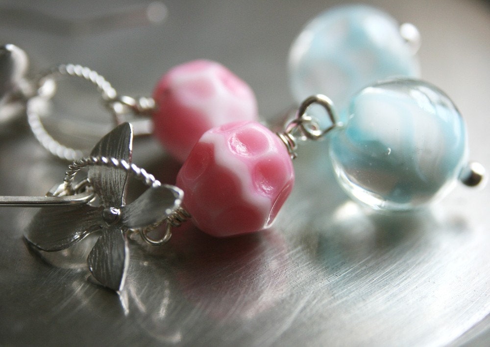 Summer Sale 15% Off SALE 50 Percent Off Hana Earrings - Vintage Czech Glass Beads and Flower on Sterling Silver