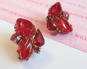 Vintage Cluster Earrings with Pink Crystals, Red Glass Stones in Gold Tone Setting - Clip Backs