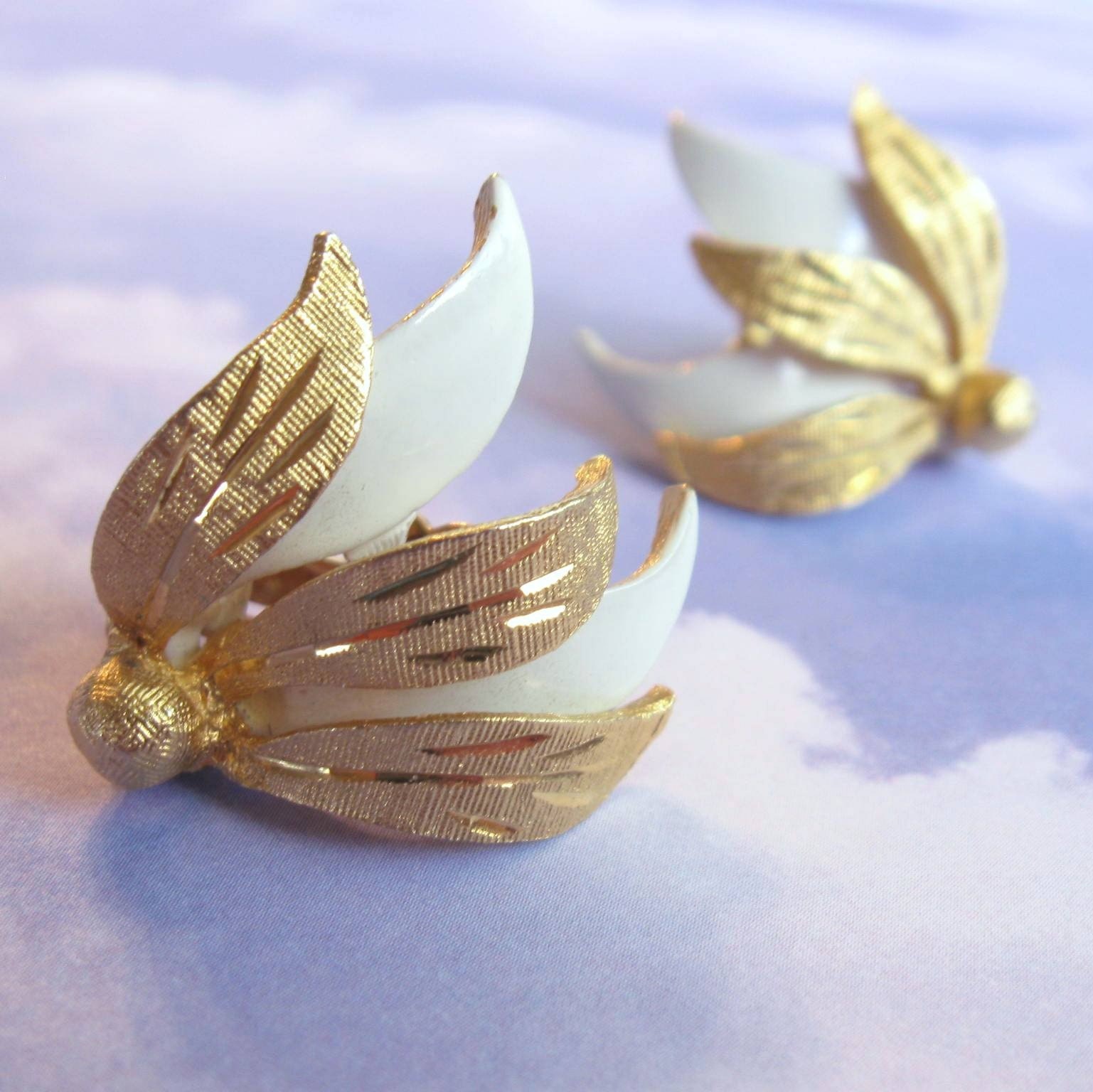 Vintage Kramer Leaf Earrings with White Enamel, Gold tone