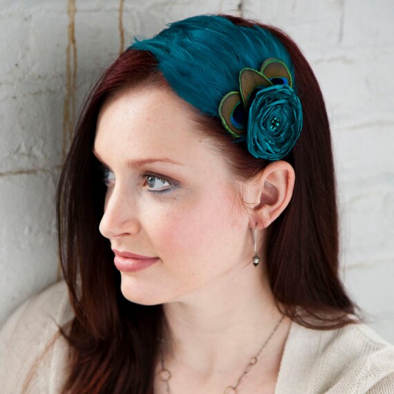Peacock Blue Feather Headband with flower - Made to order