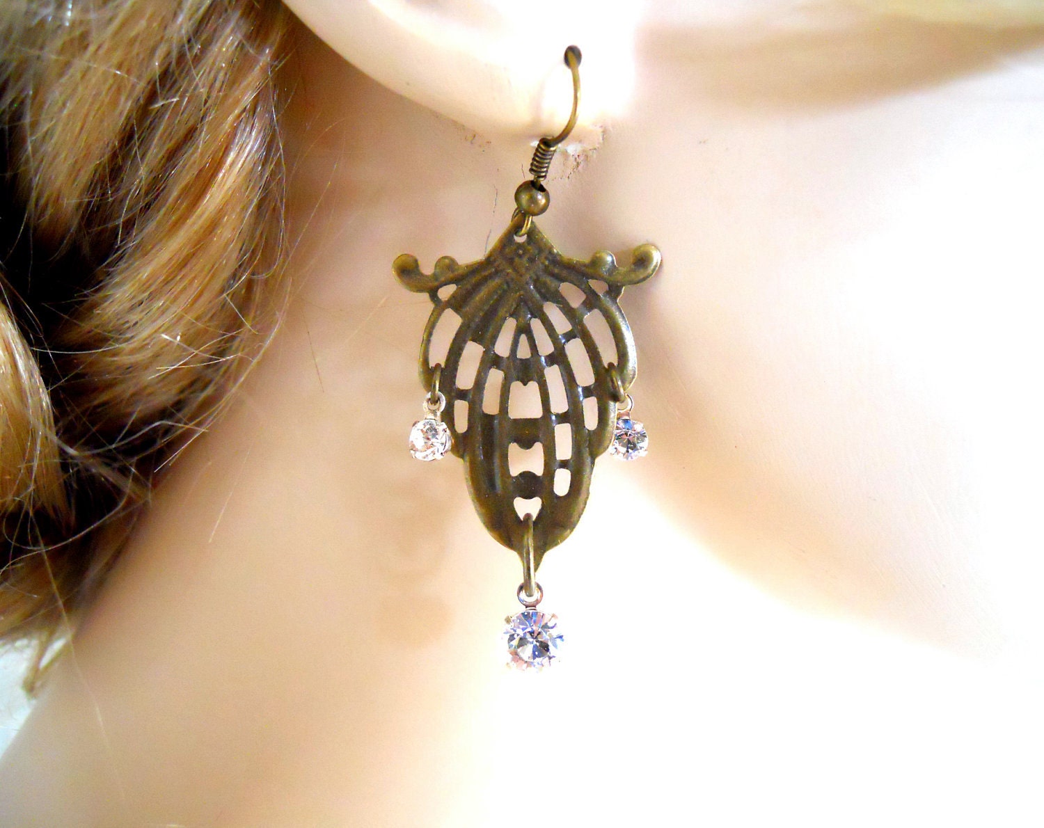 New Orleans Decadence Neo Victorian Earrings Antiqued Brass with crystals Victorian Inspired