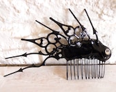 Hair Comb Gothic Steampunk black with crystal- Clock hand spray