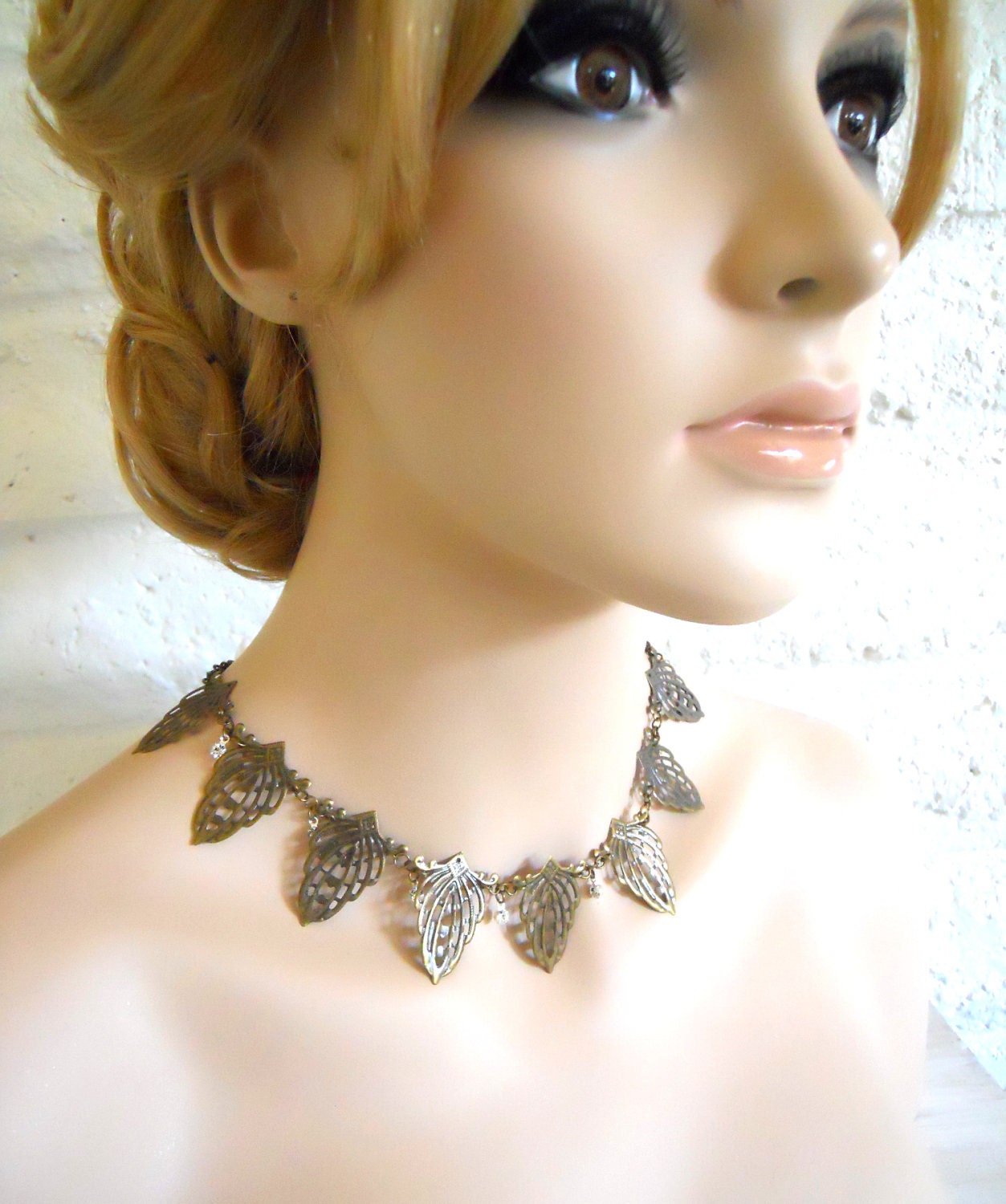 Victorian inspired necklace antique brass with crystals- Candle Light Pavillion Ball