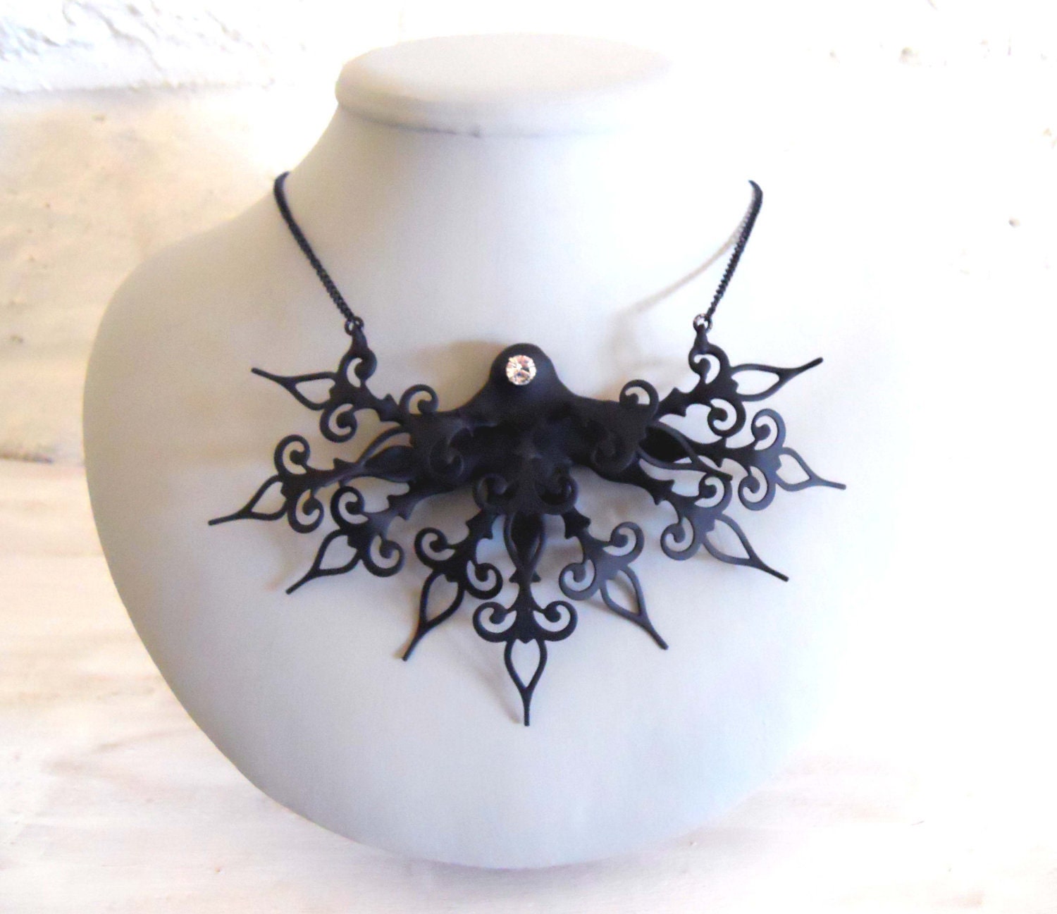 Gothic Necklace with Clock Hands and Crystals- Waltzing Through the Golden Age In Black