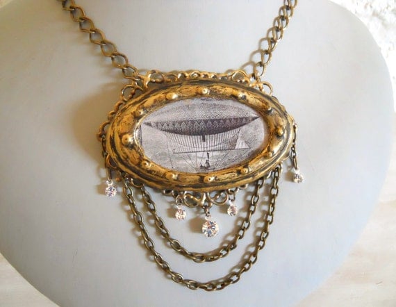 Steampunk airship Pendant Henri Giffard Dirigible image with antique brass chain and Crystals