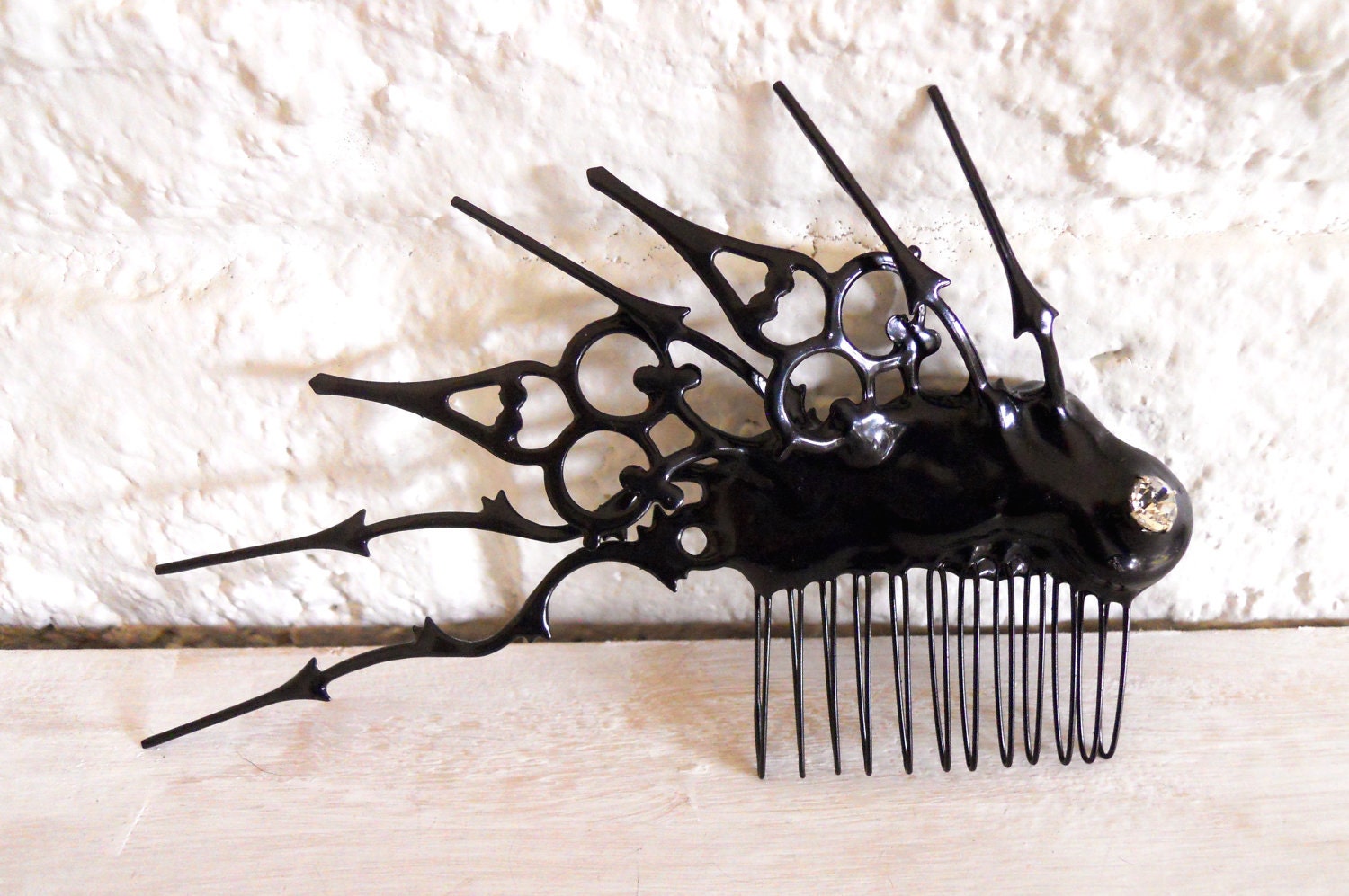 Hair Comb Gothic Steampunk black with crystal- Clock hand spray
