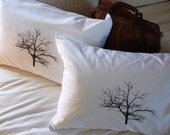 Hand screen printed Tree Silhouette Pillowcase Pair Standard Chocolate on White