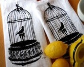 Birdcage Screen Printed Cotton Bar Towels Set of Two