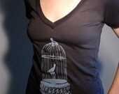 Women's Gilded Birdcage V-neck Black- tshirt- bird- shirt- screenprinted tshirt