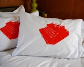 Typewriter Hand Screen Printed Pillowcases Set of Two Standard Orange on White