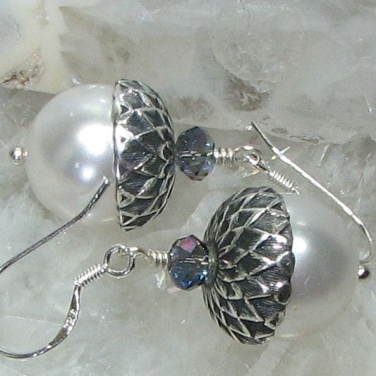 Wedding Acorn Earrings Sterling Silver Hooks Bridal White Swarovski Pearl, Crystal Color Choice Spring Mothers Day Gift