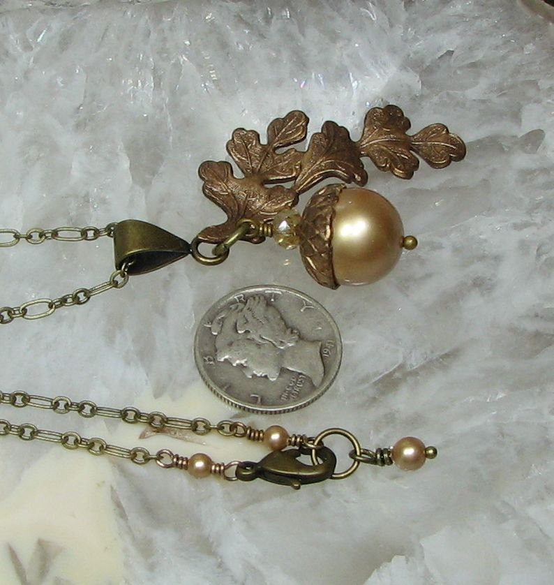 Acorn Necklace Large Golden Oak Leaf Swarovski Pearl Vintage Gold Fancy Brass Soldered Chain Champagne Patina Frosted