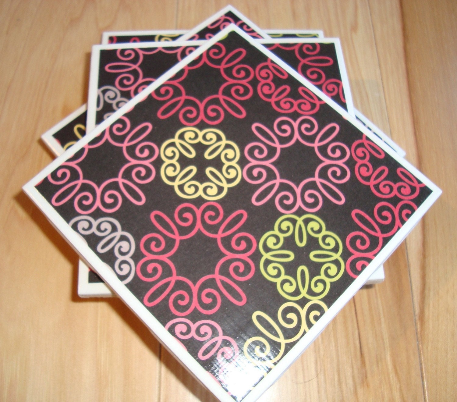 4 Ceramic Tile Coasters - Black w/ bright swirls