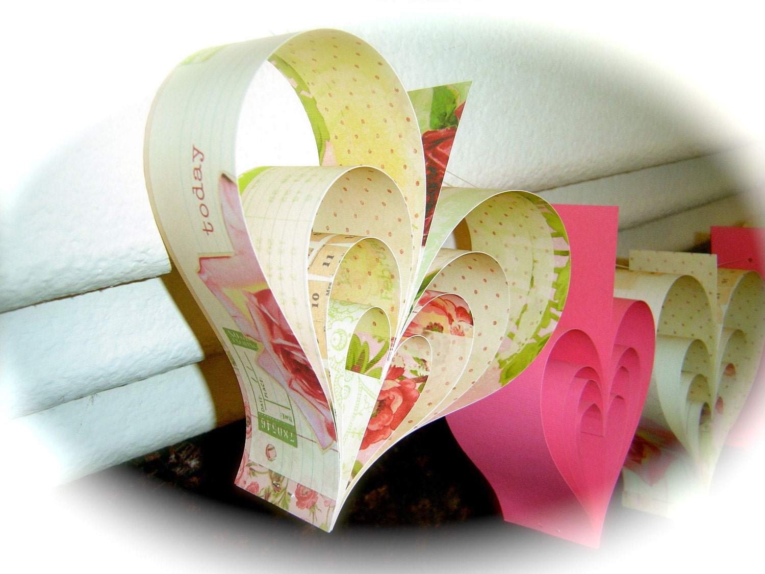 Paper Hearts Shabby Cottage Roses Wedding Garland Banner Hand Crafted OOAK Large French Paperie