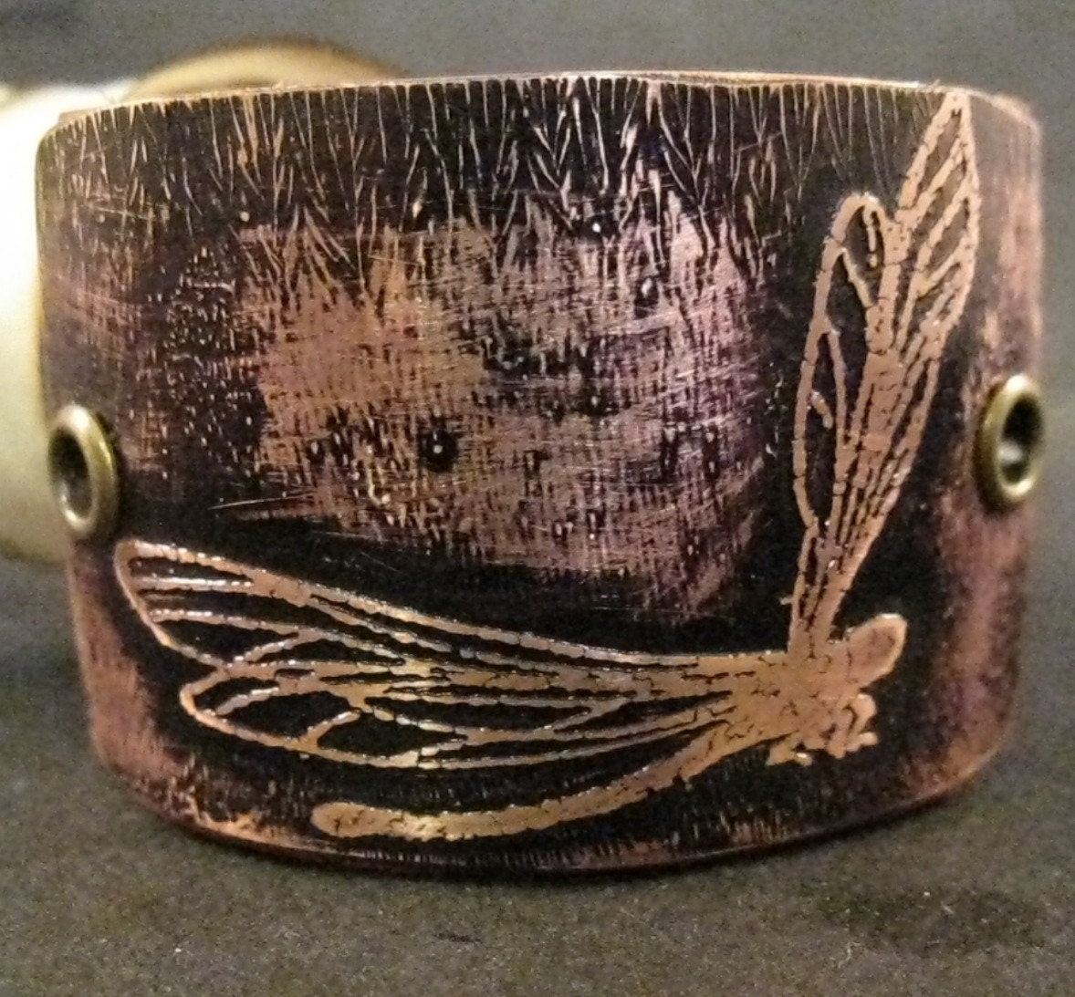 Handmade etched dragonfly cuff womens bracelet jewelry recycled leather