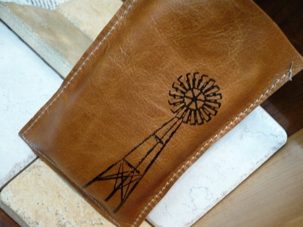 Ipod iphone sleeve leather handprinted windmill