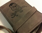small leather journal/sketchbook handprinted custom for you sleepy owl